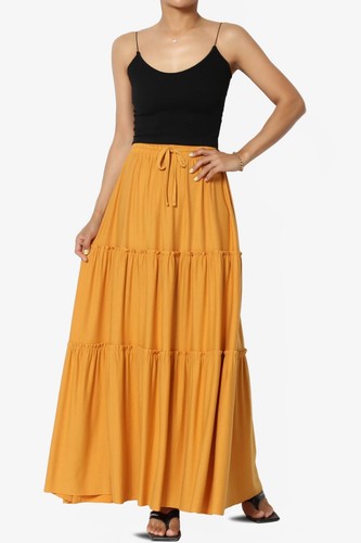 Women's Ruffle Tiered Jersey Drawstring Elastic High Rise A-Line Long Maxi Skirt - Picture 8 of 92