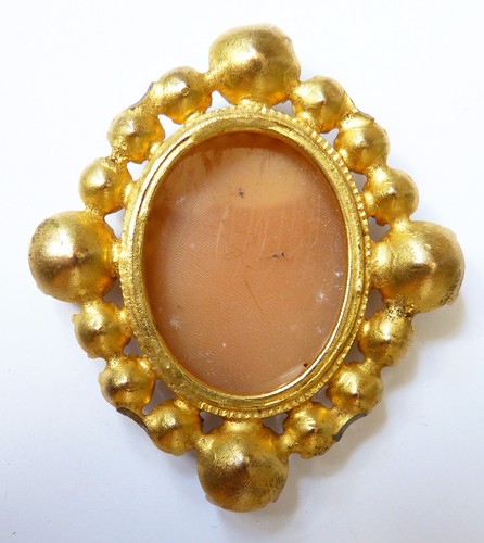 Broche pendentif médaillon métal doré + camée + strass + perle 19e siècle cameo - Imagen 3 de 3