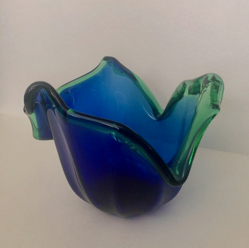MURANO HAND BLOWN XLarge ART GLASS BLUE & GREEN BOWL White Cristal Made in Italy - Picture 4 of 11
