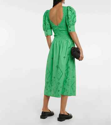 NWT GANNI Broderie Anglaise Eyelet Cotton Midi Dress Green Size 36 (US 4)  $395 | eBay