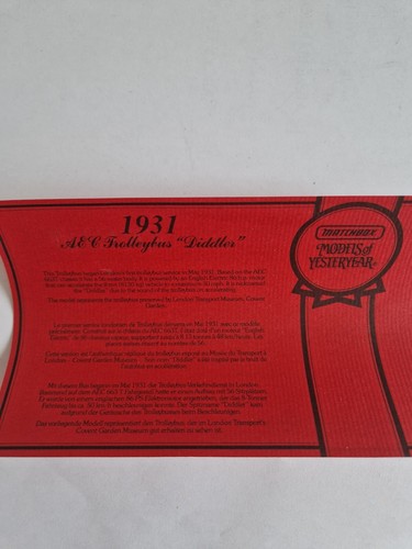BNIB Vintage 1988 Matchbox Models Of Yesteryear 1931 Trollybus "Diddler" - Picture 4 of 5