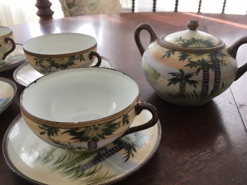 Vintage Nippon TN Moriage Porcelain Palm Tree Sunrise Tea Cups Sugar Bowl Japan - Picture 2 of 12