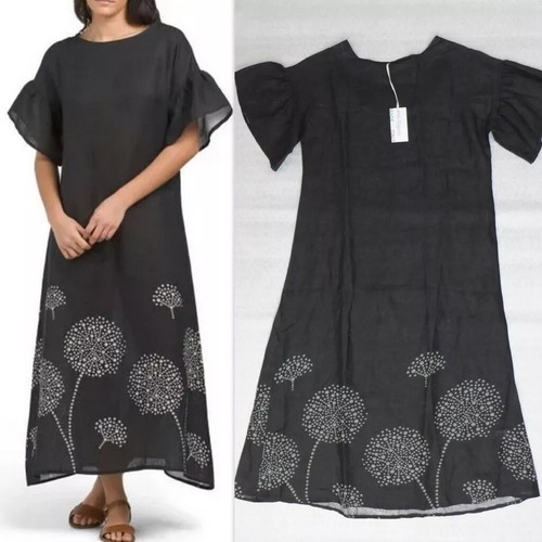 NWT LE RAGAZZE Made In Italy Black/White Floral Hem Linen Maxi Dress Size L - Picture 2 of 10