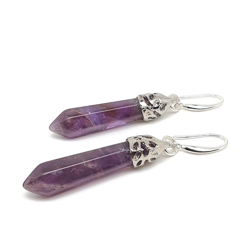Earrings Hexagon Gemstone Long Dangle Drop Natural Crystal Sterling Silver Hooks - Picture 53 of 128