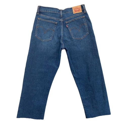 Levis Wedgie Straight Jeans Womens 31 Blue High Raw Hem Ankle Cropped CUT OFF - Picture 6 of 14