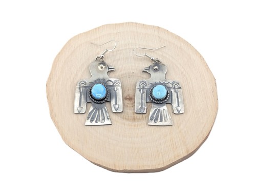 Navajo Earrings Thunderbird Signed Native American Handmade Jewelry Turquoise - Picture 8 of 10