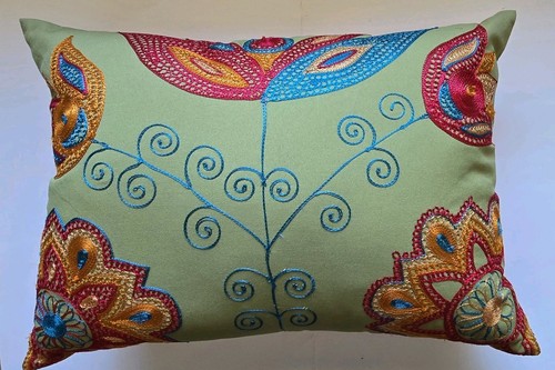 Pier 1 Imports Green Floral Embroidered Lumbar Decorative Throw Pillow - Picture 6 of 6