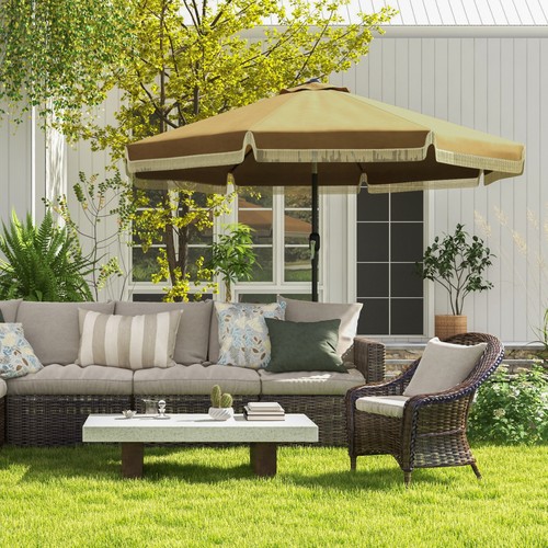 Outsunny 9ft Patio Umbrella with Tilt, Ruffled Outdoor Umbrella, Tan - Picture 9 of 11