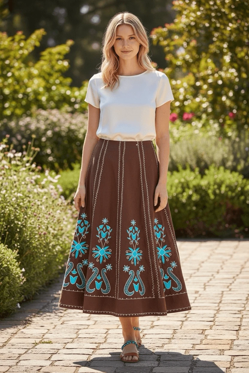 A La Carte Brown Cotton Embroidered Skirt, Size 8 boho modest
