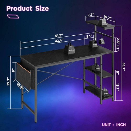 Bestier 51 in. Computer Desk with LED Lights Gaming Desk, 4 Tier Shelves Black - Picture 5 of 7