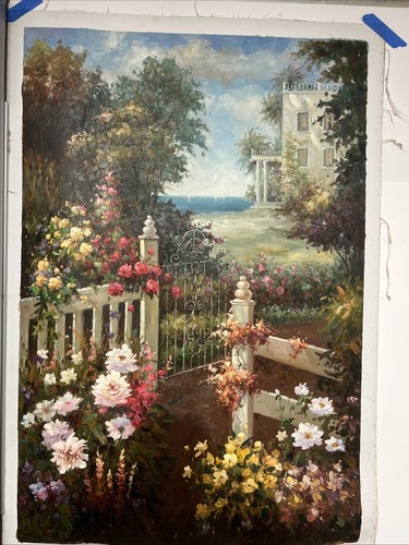 Pintura al óleo original jardín y playa escena firmada Rosen 24” X 36” impresión - Imagen 3 de 6