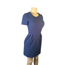 Women 00 Madewell Gallerist Ponte Blue Black Stripe Short Slv Dress Knit Stretch