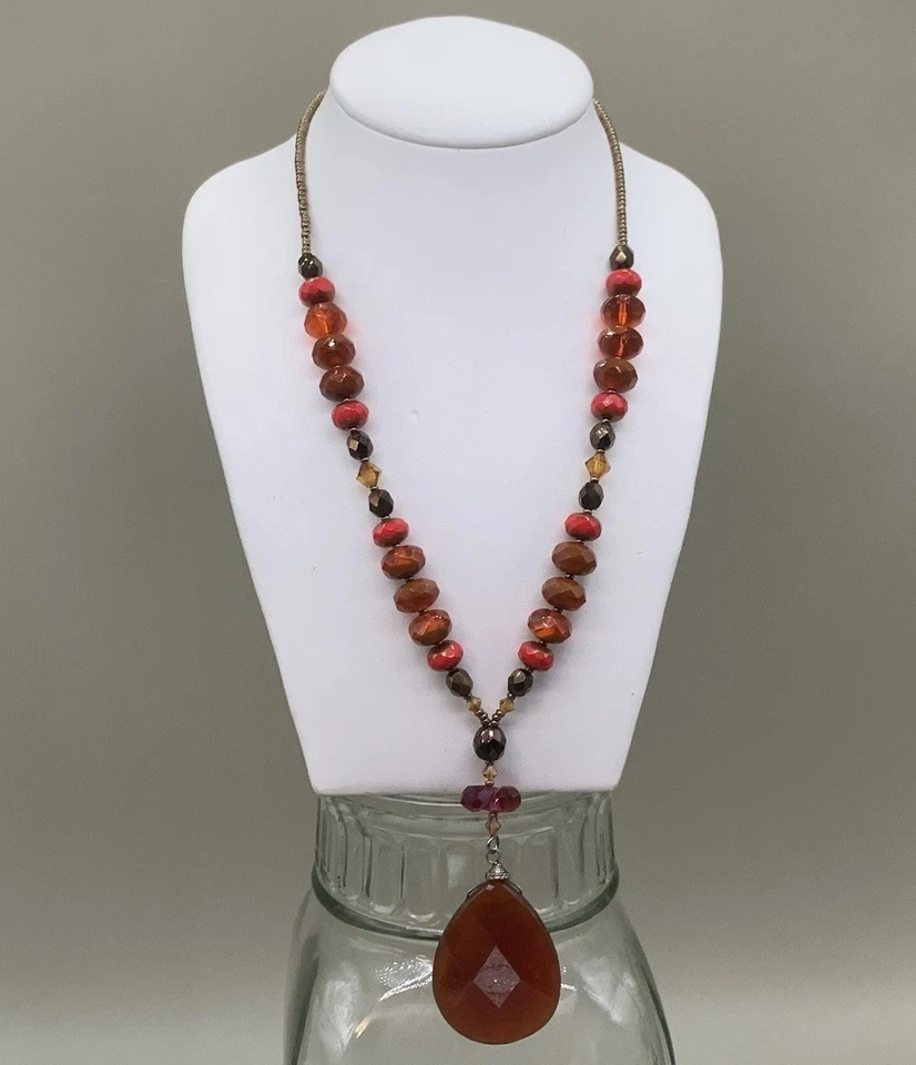 Amber Red Beaded Statement Necklace Glass Faceted Teardrop Pendant Boho Fall - Image 2 of 4