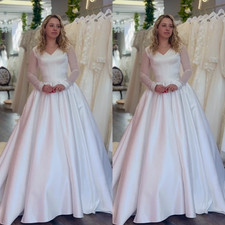 Elegant Stain Wedding Dresses Long Sleeve V Neck Sweep Train A Line Bridal Gowns