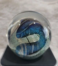  Robert Eickholt Glass Paperweight Turbulent Ocean Marble Signed 1981 Vintage 