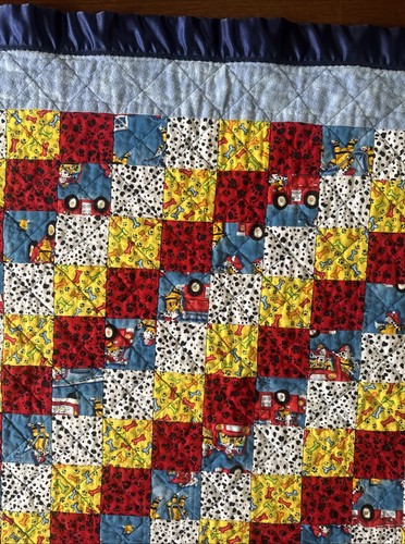 Baby Quilt Fireman Dalmatian Dog Prints Blue Satin Edging Flannel Backing 39x33” - Picture 8 of 10