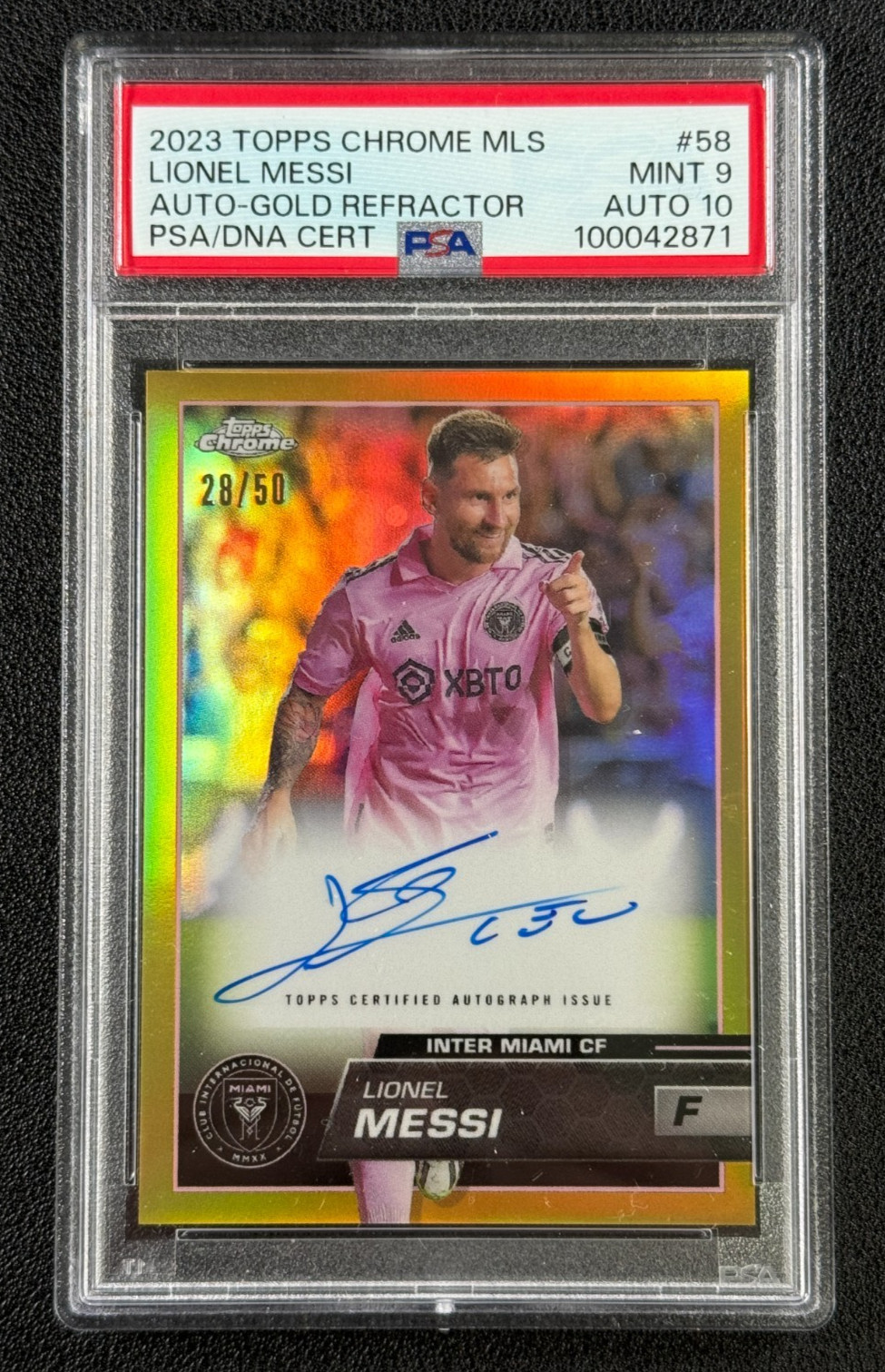 LIONEL MESSI PSA 9 2023 TOPPS CHROME MLS #58 TRUE GOLD REFRACTOR 10 AUTO 28/50