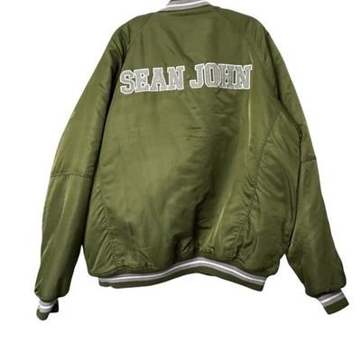 Sean John-Satin Snap Front Green Varsity Bomber Jacket Quilted Lining 3XL *READ*