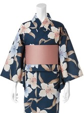 Japanese Summer Kimono Yukata and Obi set Navy Lily Floral pattern New
