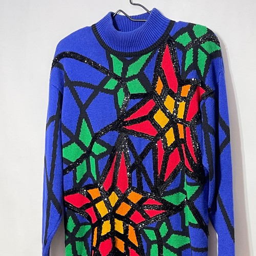 Vintage Knit Sweater Women's Medium (L) Bright Blue Stained Glass Floral Sequins - Picture 8 of 10