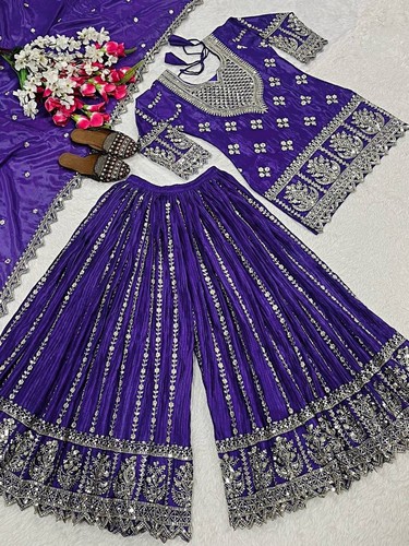 Indian Wedding Chinnon Silk Top And Sharara With Dupatta For Women Wear - Picture 9 of 11