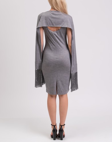RRP€2290 BURBERRY Merino Midi Dress UK8 US6 IT40 S Fringed Capelet Melange - Picture 6 of 9