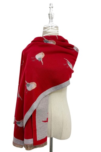 Robin Bird Print Wool Frayed Scarf Winter Festive Design Shawl 8177 - Picture 8 of 15