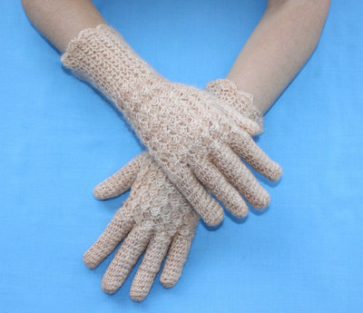 Beige crochet women's gloves, Warm Russian Orenburg gloves with cuffs,Mom's gift