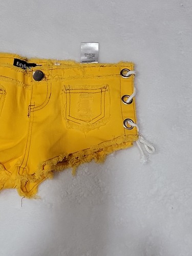Eilly Bazar Lace Up Side Denim Shorts XS Yellow Raw Edges NEW #1 - Picture 3 of 9