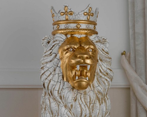 León Malik con corona estatua en céramica crackle hoja oro con dientes detall... - Imagen 2 de 4