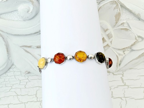 Link Bracelet STERLING SILVER 925 Butterscotch Baltic Amber Layer Stackable - Picture 20 of 21