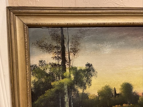 Arte paisajístico antiguo firmado al óleo sobre cartón de 16x32"" de colección con marco original - Imagen 11 de 13