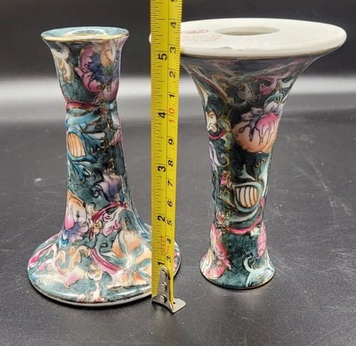 2 Vtg Hand Painted Asian Candlesticks ~ 5" Tall ~ Stunning Color Floral Artwork - Picture 8 of 12