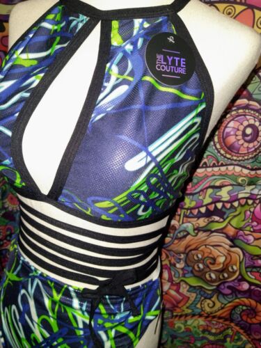 NWT Lyte Couture Blue,Green And White Sleeved Snakeskin Textured Rave Set ~ Sz M - Picture 2 of 5