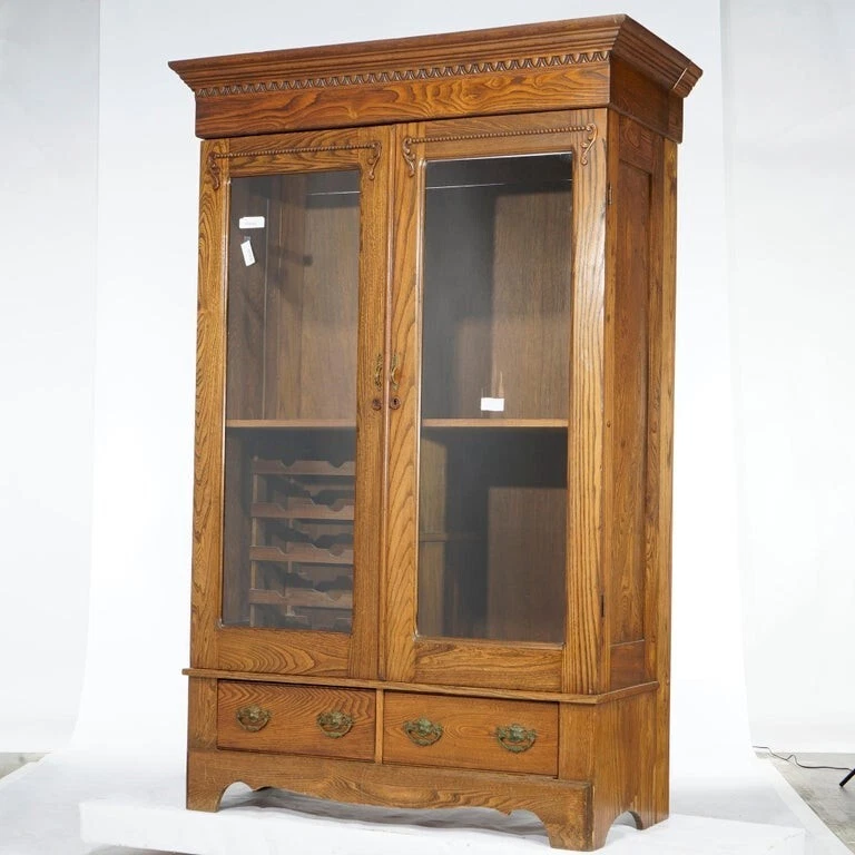 Antique Carved Oak Double Door Bookcase with Wine Rack c1920 - Image 2 of 4