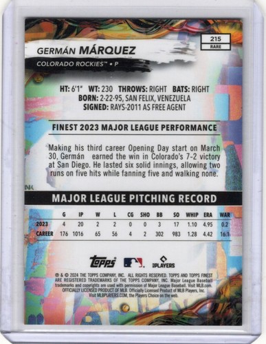 2024 Finest #215 Germán Márquez Sky Blue Refractors /150 - Picture 2 of 2