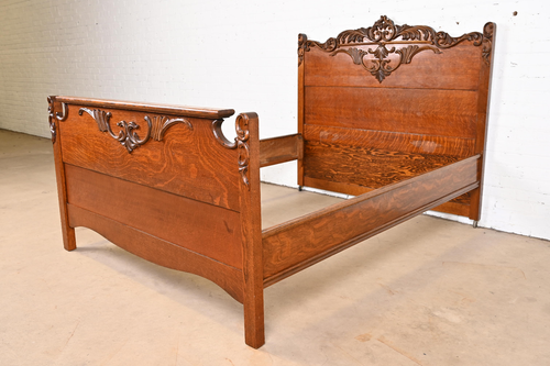Antique Victorian Carved Oak Full Size Bed, Circa 1890s - Picture 2 of 11