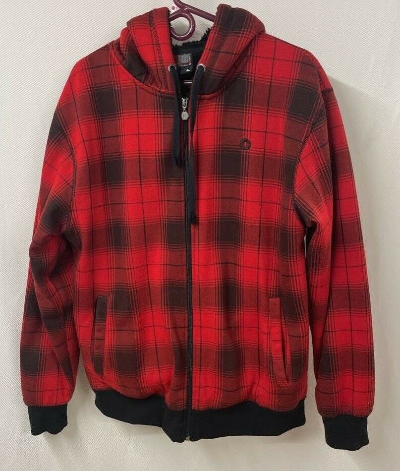 Southpole Mens Flannel Bomber Jacket Red Black Plaid Zipper Hooded Pockets L