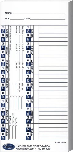 OEM Lathem E1  100 x Weekly Time Card for  Models 900E/1000E/1500E/5000E White - Picture 2 of 8