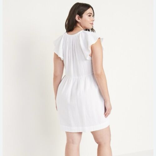 Old Navy Size 3X Flutter Sleeve V-Neck Mini Swing Dress White Gauzy Pockets NWT - Picture 2 of 10
