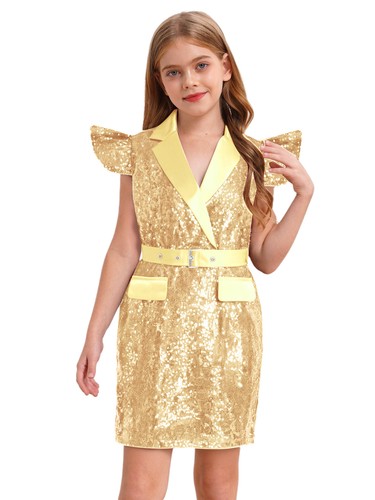 Girls Lapel Fly Sleeves Sparkly Sequin Embellished Wedding Banquet Pageant Dress - Picture 72 of 85