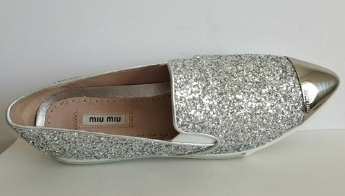 MIU MIU AMAZING SILVER GLITTER LOGO METAL CAP TOE SNEAKERS EU 40.5 I LOVE SHOES - Picture 2 of 8