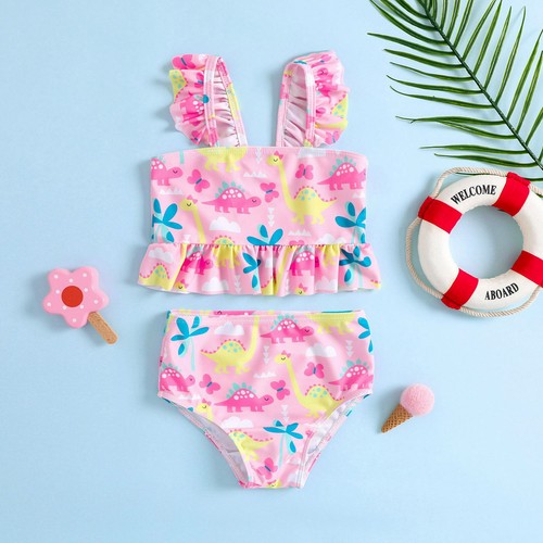 Kids Baby Girls Cartoon Ruffle Trim Bikini Swimsuit 2Piece Bathing Suit Swimwear