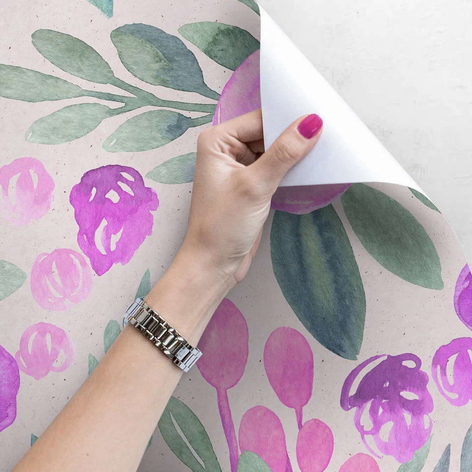 Papel Pintado Extraíble Floral Rosa y Púrpura Acuarela Flores Patrón Decoración Foto 4 de 4