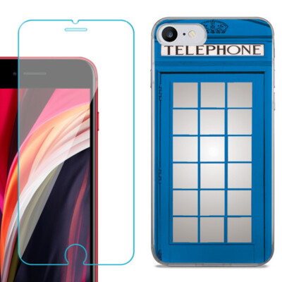 Slim Phone Case for iPhone SE 2022, with Tempered Glass - Phone Booth Blue
