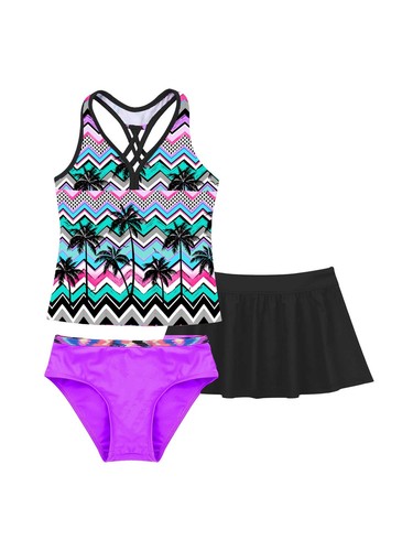Girls 3 Piece Swimsuit Floral Print Top with Shorts Bottoms Tankini Bathing Suit - Picture 35 of 51