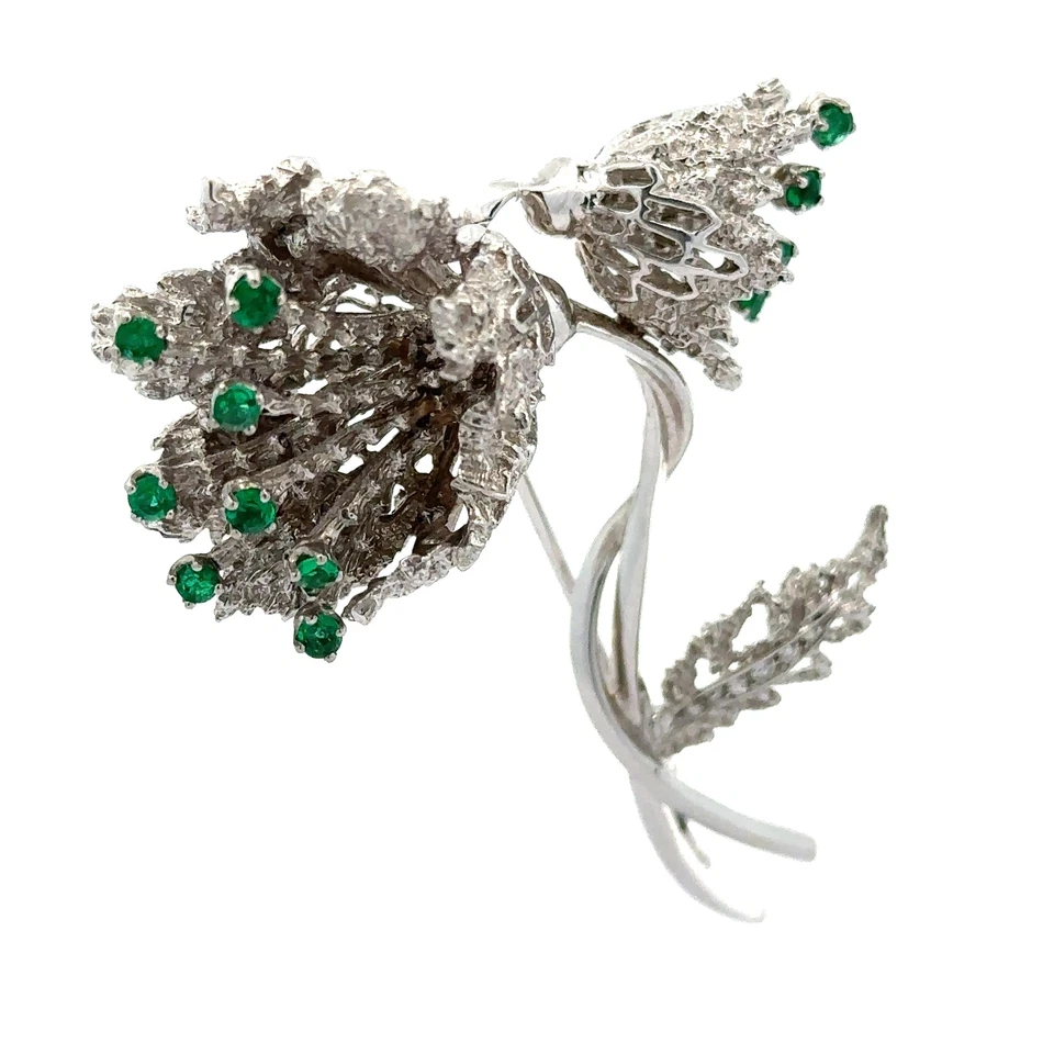 Vintage Solid White Gold Emerald & Diamond En Tremblant Flower Pin Brooch - Image 3 of 4