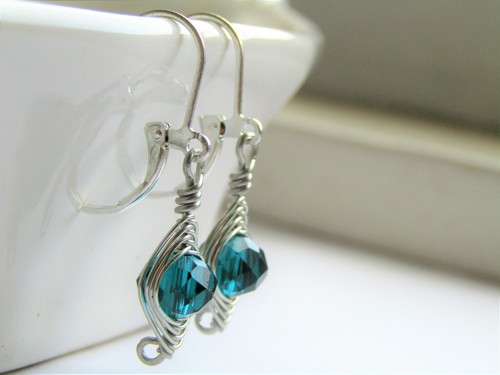 Wire Wrapped Teal Chinese Crystal Silver LEVERBACK Earrings USA Handmade - Picture 7 of 10