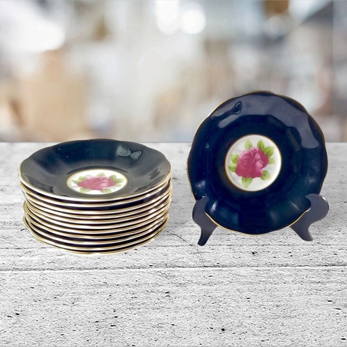 12 Royal Albert Old English Rose Hampton Black Gold 5 1/2" Teacup Saucers - Picture 1 of 3