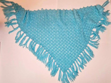 Handmade Crochet Triangle Shawl Vintage Teal Color Fringe 70" Across 32" Long